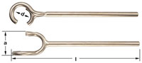 An image of two metal rod tools with closed loops at the left end, used as a valve wheel wrench.  The top image has an arrow pointing to the diameter of the ‘C’ opening, labeled "d." The bottom tool has horizontal lines indicating the total length "l" and